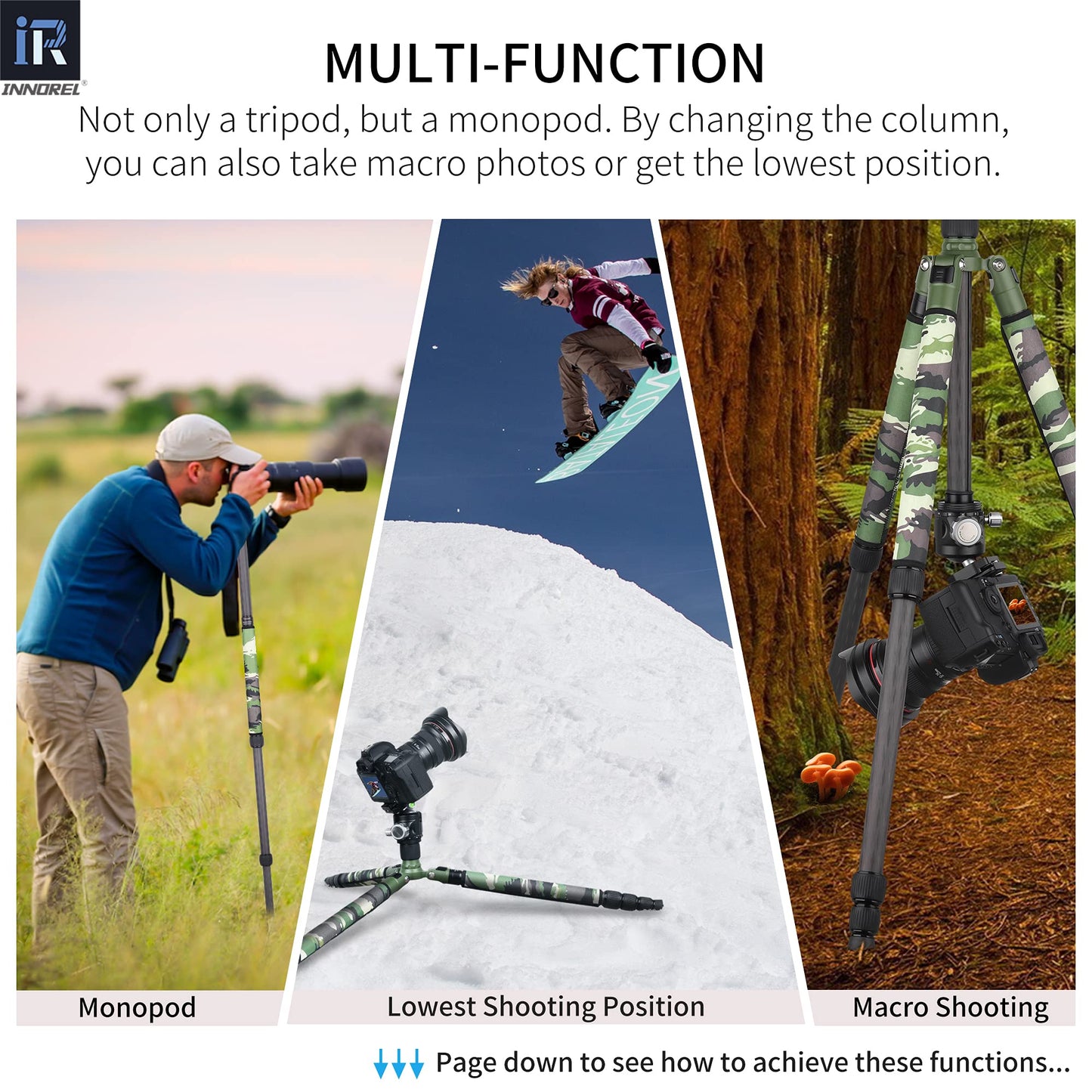 Carbon Fiber Tripod-RT75CG Super Professional Tripod Monopod Heavy Duty Compact Stand Support with 44mm/1.73in Low Gravity Center 360°Panoramic ballhead for Digital DSLR Camera, max Load 20kg/44lb