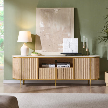 OKD 70" Fluted TV Stand with Storage, Faux Marble Top Entertainment Center for TVs Up to 80", Modern Curved Edge Media Console Cabinet for Living Room, Natural Oak