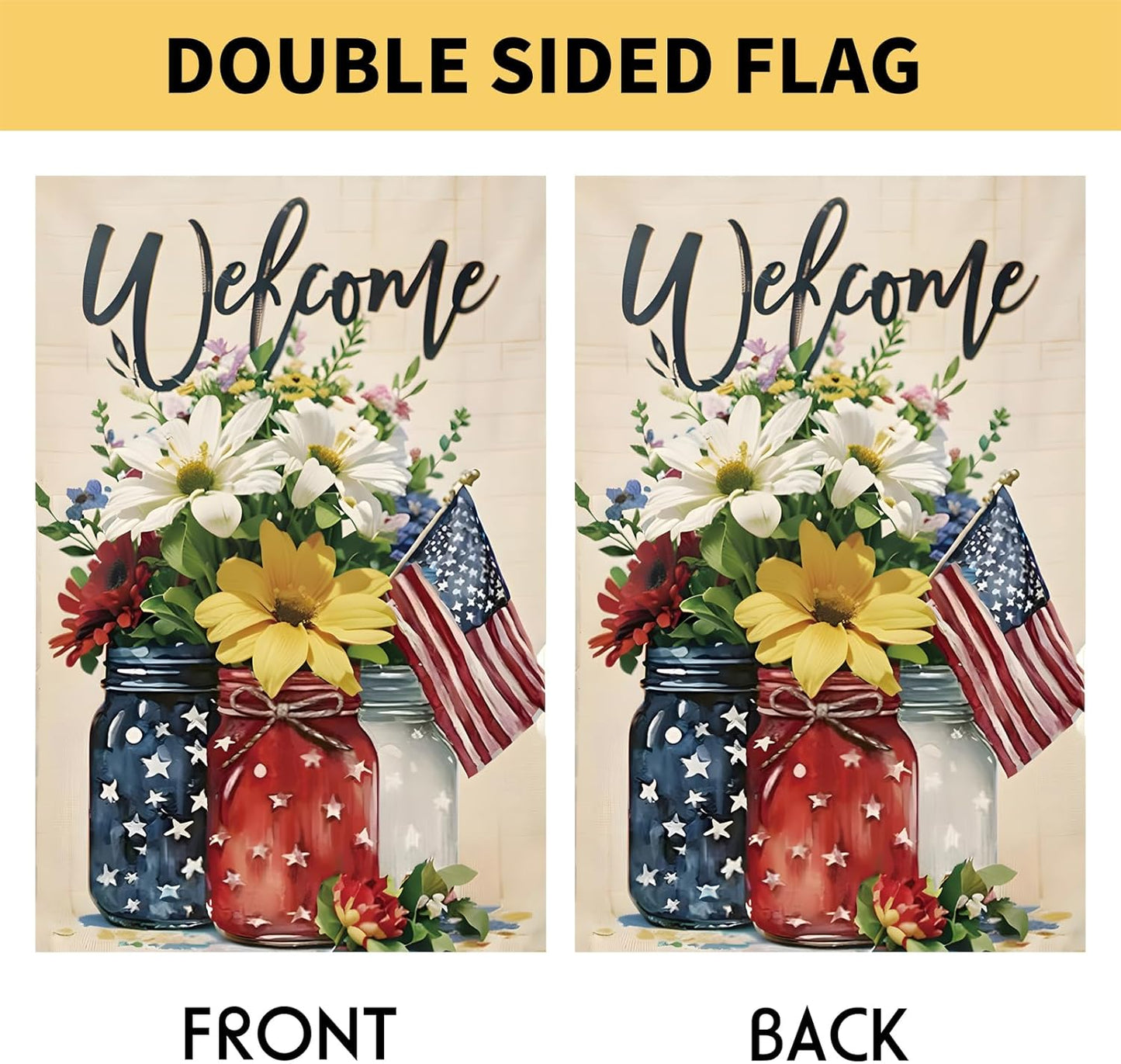 Patriotic 4th of July Mason Jar Flowers Garden Flag - Double-Sided Burlap 12x18 for Summer Celebrations