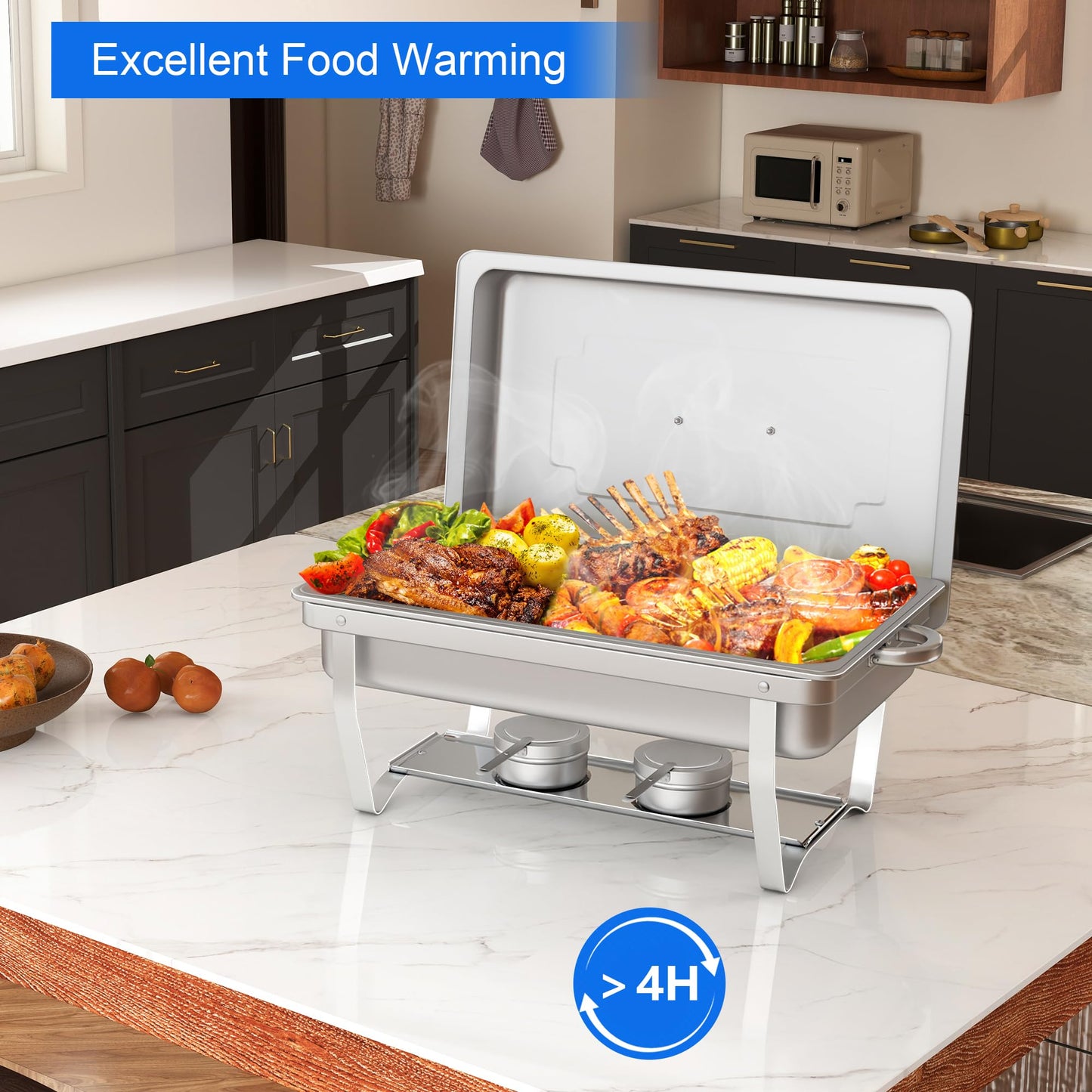 Chafing Dish Buffet Set - HARDURA 4 Packs 9.5QT Stainless Steel Food Warmer, Leak-Proof & Foldable Design, 4+ Hours Insulation, for Buffet Servers and Warmers, Ideal for Catering, Party （Silver）