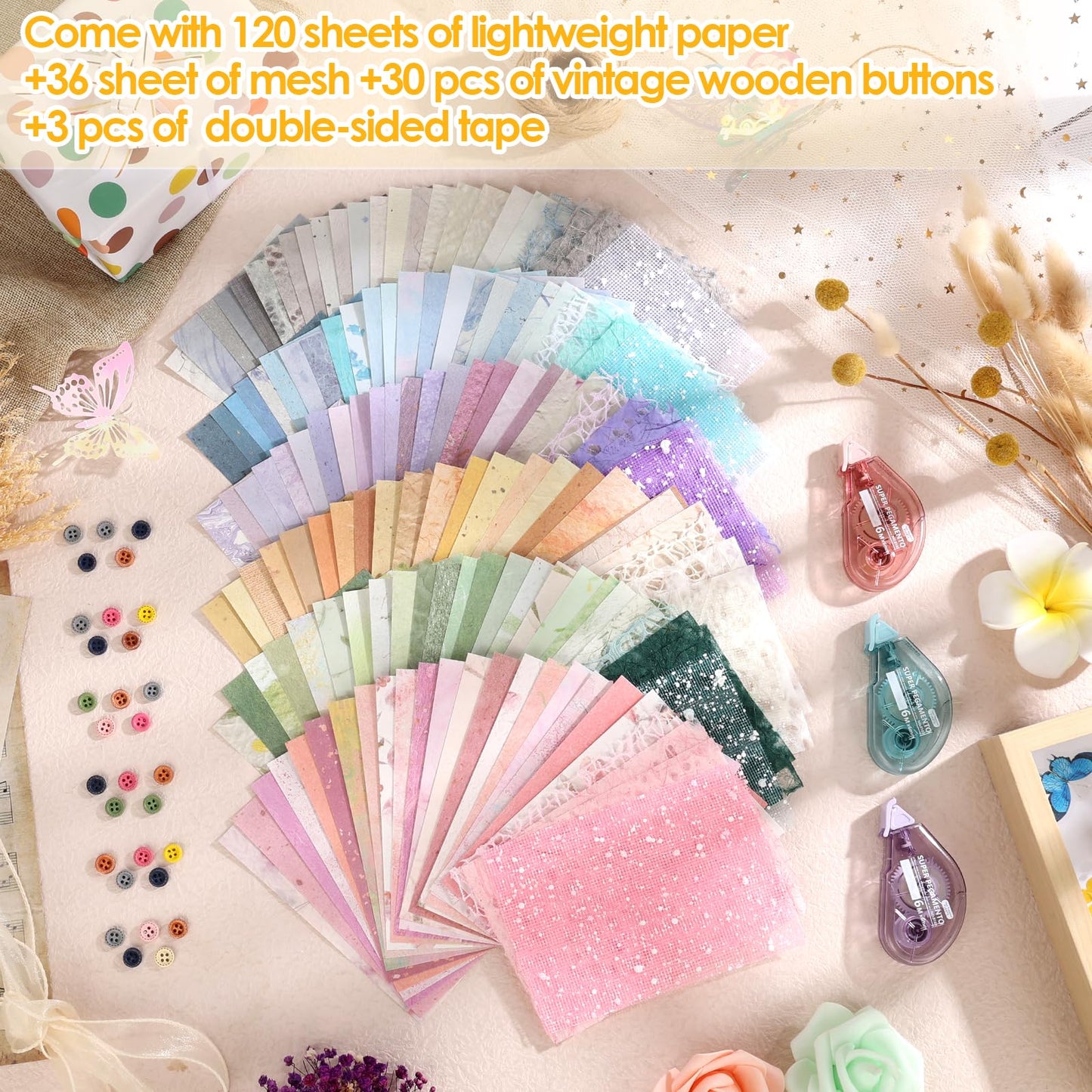 156 Sheets Textured Scrapbook Paper and Mesh Fabric Assorted Set, Sublaga 6 Pack Mixed Special Paper for Scrapbooking Planner Bullet Junk Journal Supplies 5.5x4 Inch