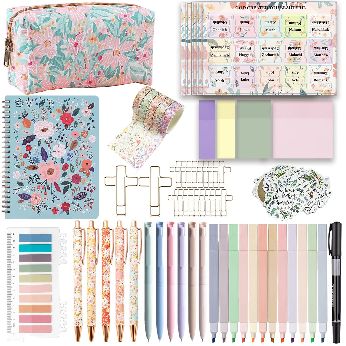 PartyGalore Bible Study Supplies Journaling Kit with Tabs and Notebooks, Bibles Highlighters and Pens No Bleed, Bible Study Kit for Women Students Beginner Christian Gifts