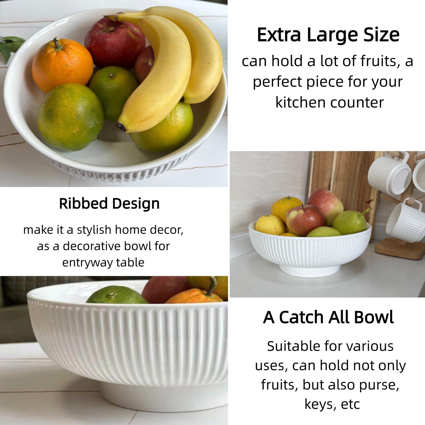 JolieJulie Ceramic Fruit Bowl,10.5" Decorative Bowl, White Fruit Bowl for Kitchen Counter, Purse Bowl, Key Bowl, Kitchen Island Décor, Centerpiece for Dining Table (Cream White)