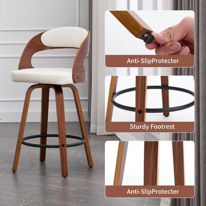 VipDesk Swivel Bar Stools Set of 2, Walnut Counter Height Bar Stools with Back and Arms, 26" Modern Faux Leather Upholstered Bar Chairs with Bentwood Frame for Kitchen Island Bar - White
