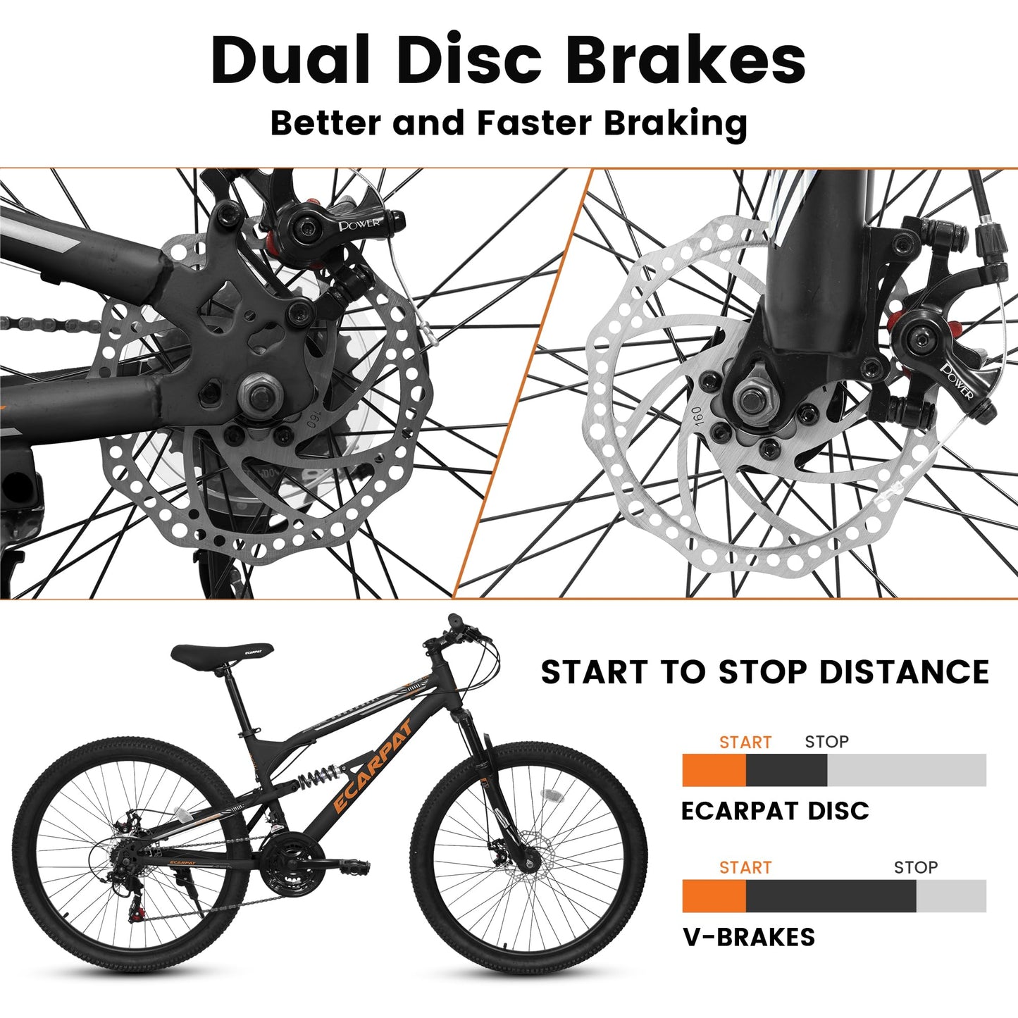 Ecarpat 24 inch Mountain Bike Full Suspension, 21 Speeds Dual Disc Brake Men Boys Bike for 10+ Years, Carbon Steel Frame, Trail Beach Snow Commuter City Bikes, Birthday Gift Choice