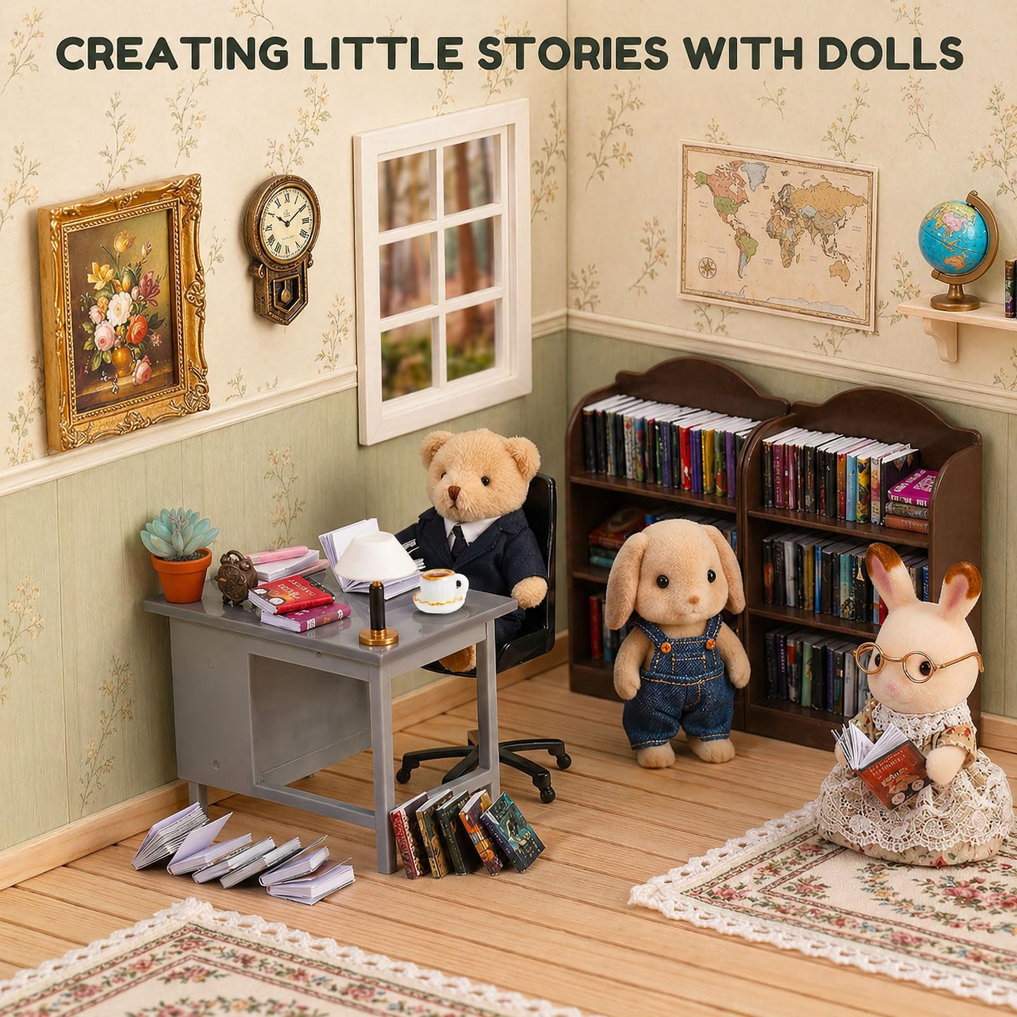 1:12 Scale Mini Desk Set with 100 Mini Books & 2 Bookshelves — Miniature Dollhouse Furniture Set with Office Chair, Computer & 15+ Accessories — Mini Desk Accessories for Doll House Diorama