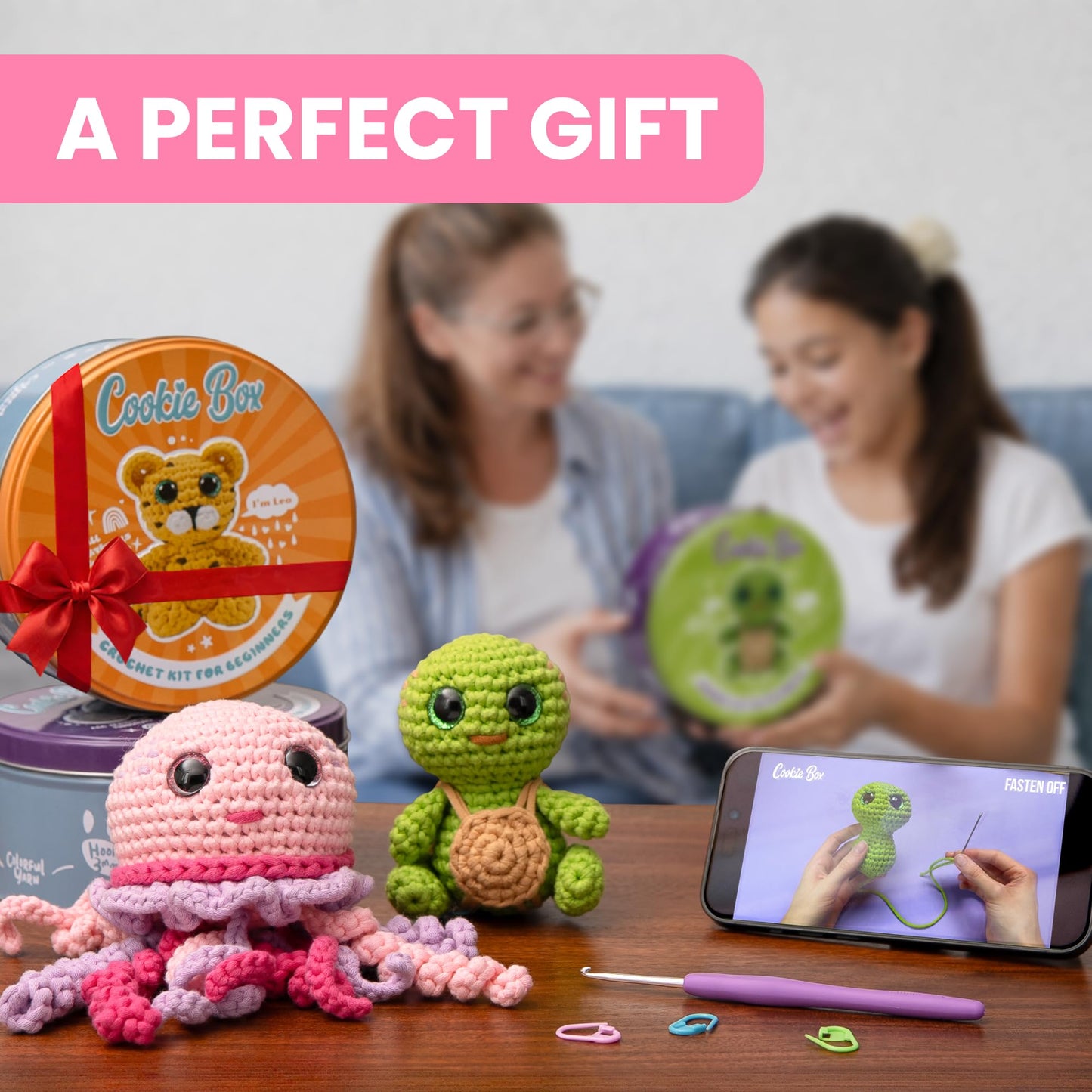 Cookie Box Original Crochet Kit for Beginners – Gift Set to Make Bunny Lola Amigurumi Plushie – Easy DIY Crochet & Knitting Starter Kit with Video and PDF Tutorials