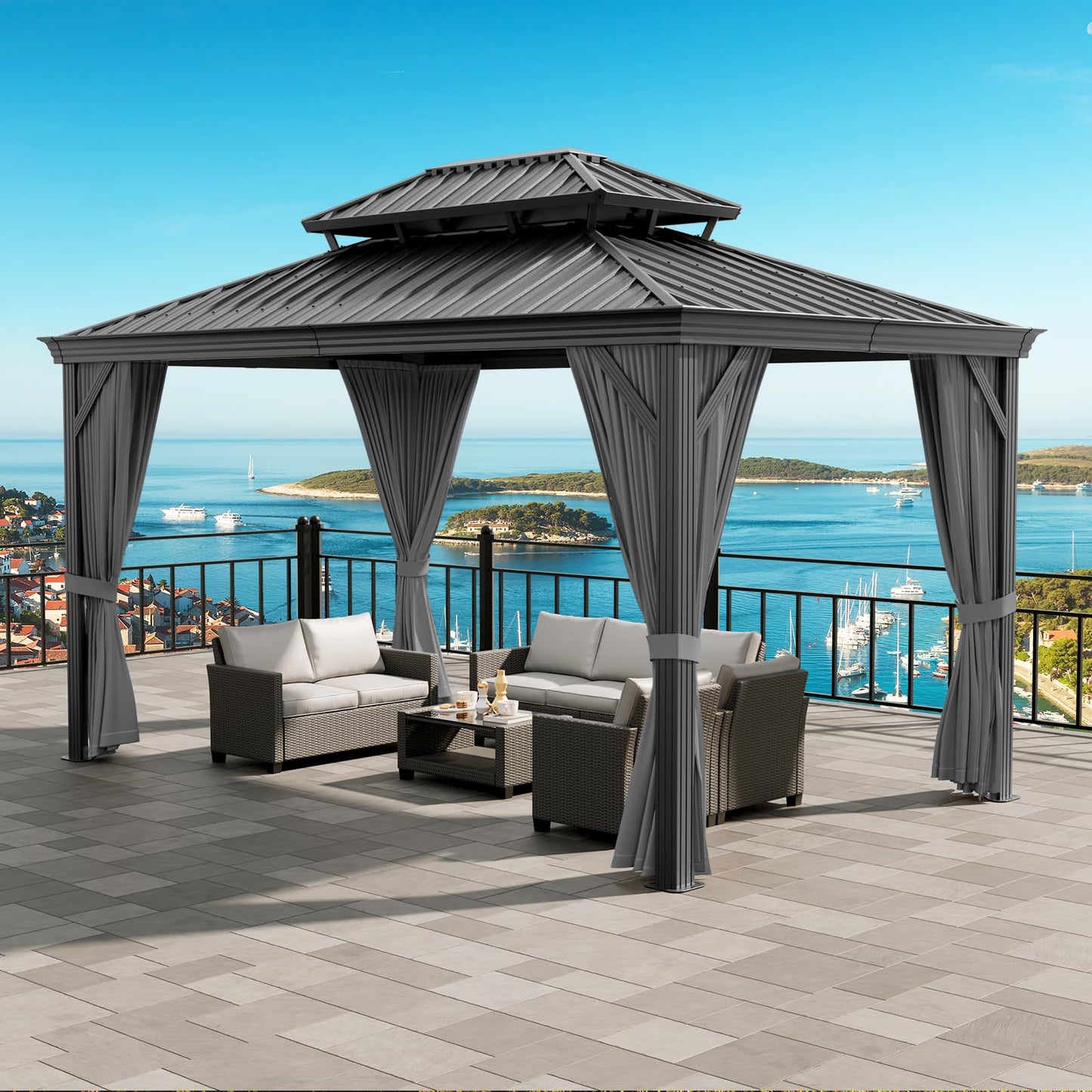 12'x18' Hardtop Gazebo, Heavy Duty Aluminum Permanent Hardtop Gazebo Outdoor Pavilion with Curtains and Netting for Garden
