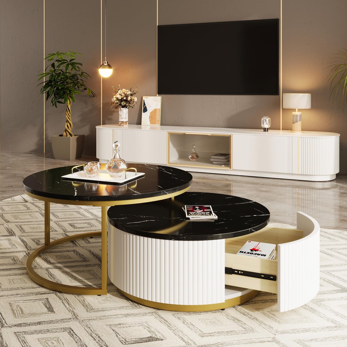 Ball & Cast Round Coffee Table Set of 2,Nesting Desk with Drawers,Smooth Durable Marble Tabletop and Fluted Design,Easy Care & Stain Resistance 31.5" for Bedroom,Living Room,Black & Gold