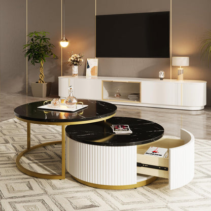 Ball & Cast Round Coffee Table Set of 2,Nesting Desk with Drawers,Smooth Durable Marble Tabletop and Fluted Design,Easy Care & Stain Resistance 31.5" for Bedroom,Living Room,Black & Gold
