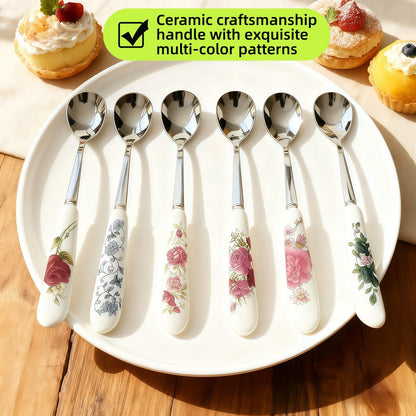 Hiiooweiyi 6-Piece Set of Stainless Steel Coffee Spoons Ceramic Handles Teaspoons Sugar Water Ice Cream Smoothies Spoons Soup Mixing Utensils