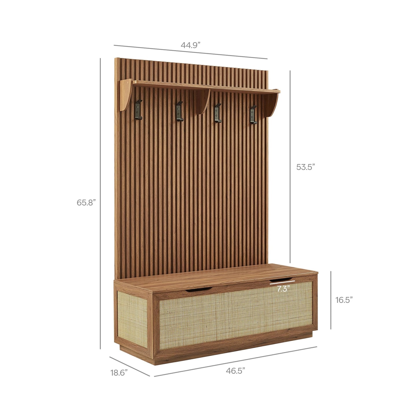 Modway Soma 3-in-1 Hall Tree in Walnut with Rattan Storage Bench and Fluted Coat Rack – 2-Piece Entryway Storage Set with Hooks, Shelf, and Bench