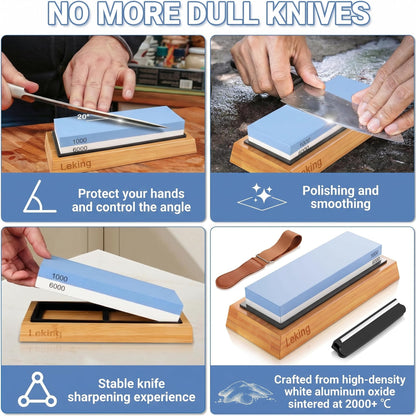 Leking Professional Knife Sharpener & Sharpening Stone Set: 1000/6000 Grit Dual-Sided Whetstone(7"x2.4"x1.2") with Bamboo Base, Non-Slip Silicone Holder, Angle Guide & Leather Strop Kit