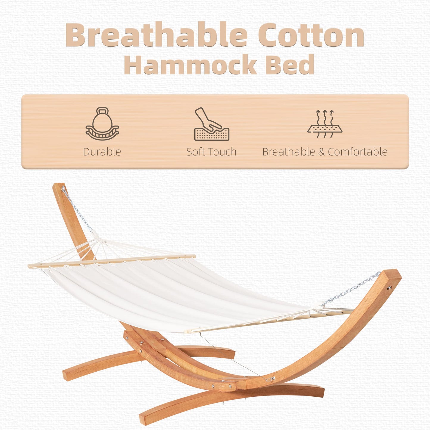 Outdoor Hammock with Stand, Extra Large 12.8' Heavy Duty Wooden Frame, Boho Style Nap Bed, Natural Cotton, 330 lbs Capacity, White