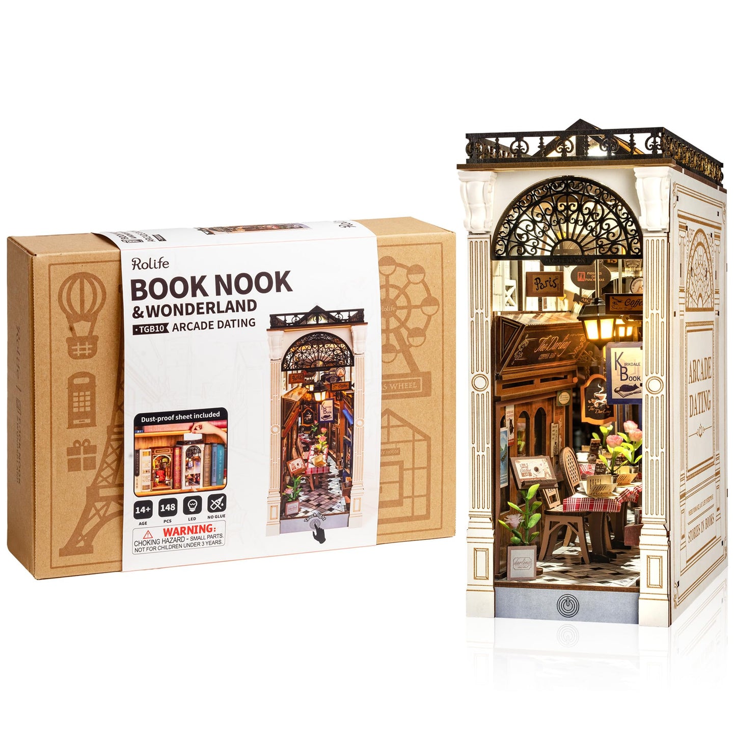 Rolife 3.5 hrs Beginner Friendly Book Nook - 3D Wooden Puzzle with LED Lights and Dust Cover - DIY Miniature House Kit Bookshelf Insert Decor - Arcade Dating (TGB10)
