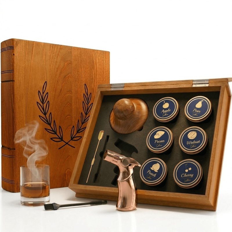Whiskey Smoker Kit – Cocktail Smoking Kit for Smoked Whiskey, Bourbon & Old Fashioned Drinks, Wooden Gift Box Set with 6 Wood Chip Flavors and Smoking Tools