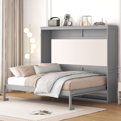 Merax Modern Farmhouse Solid Wood Murphy Cabinet Bed, Queen Foldable Wall Bed Frame, No Box Spring Needed/Space Saving, Gray