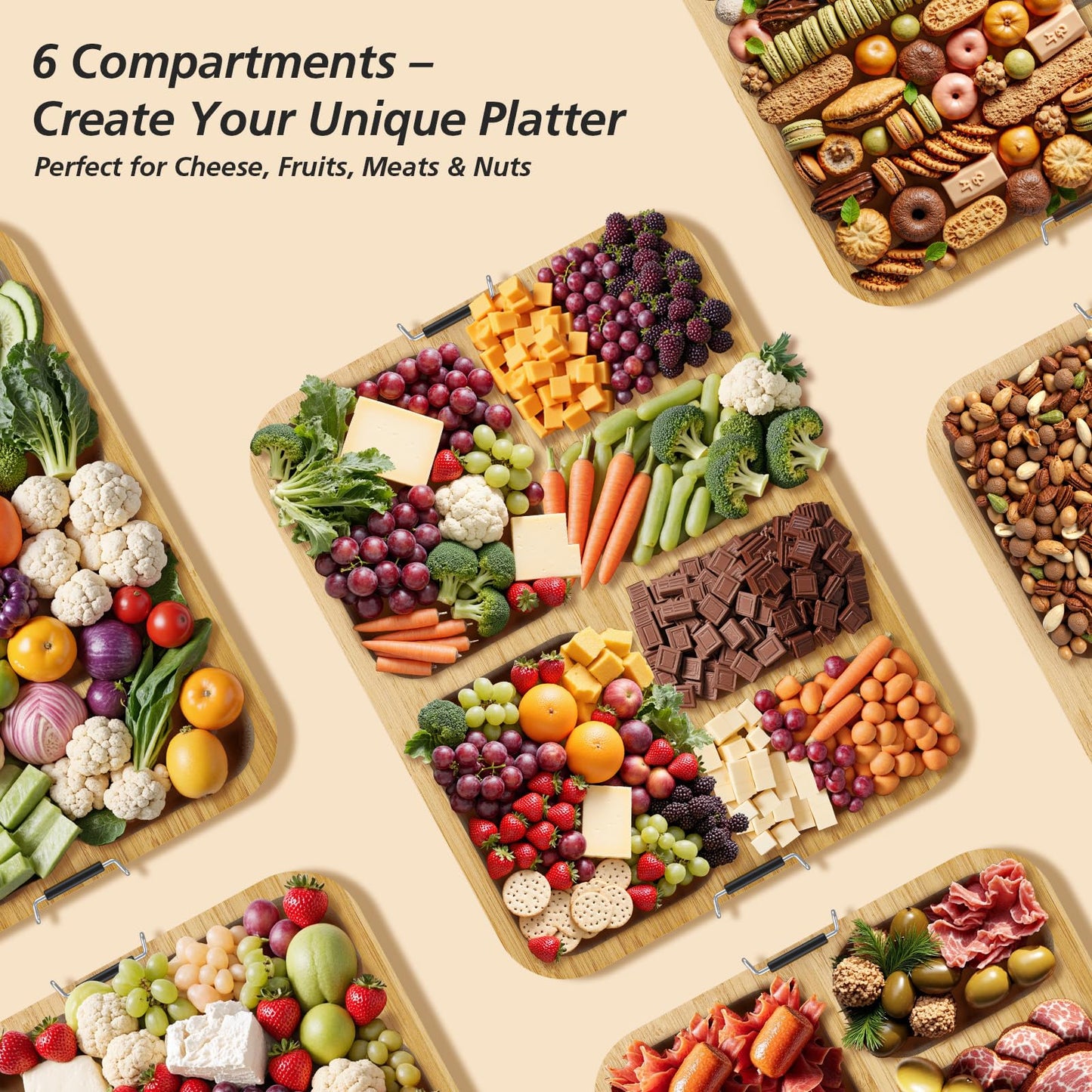 Charcuterie Boards with Foldable Lid, Portable Bamboo Cheese Board with 6 Compartments, Clear Locking Lid and Handle, Easy to Store, Suitable for Picnics, Camping, Parties & Housewarming Gifts