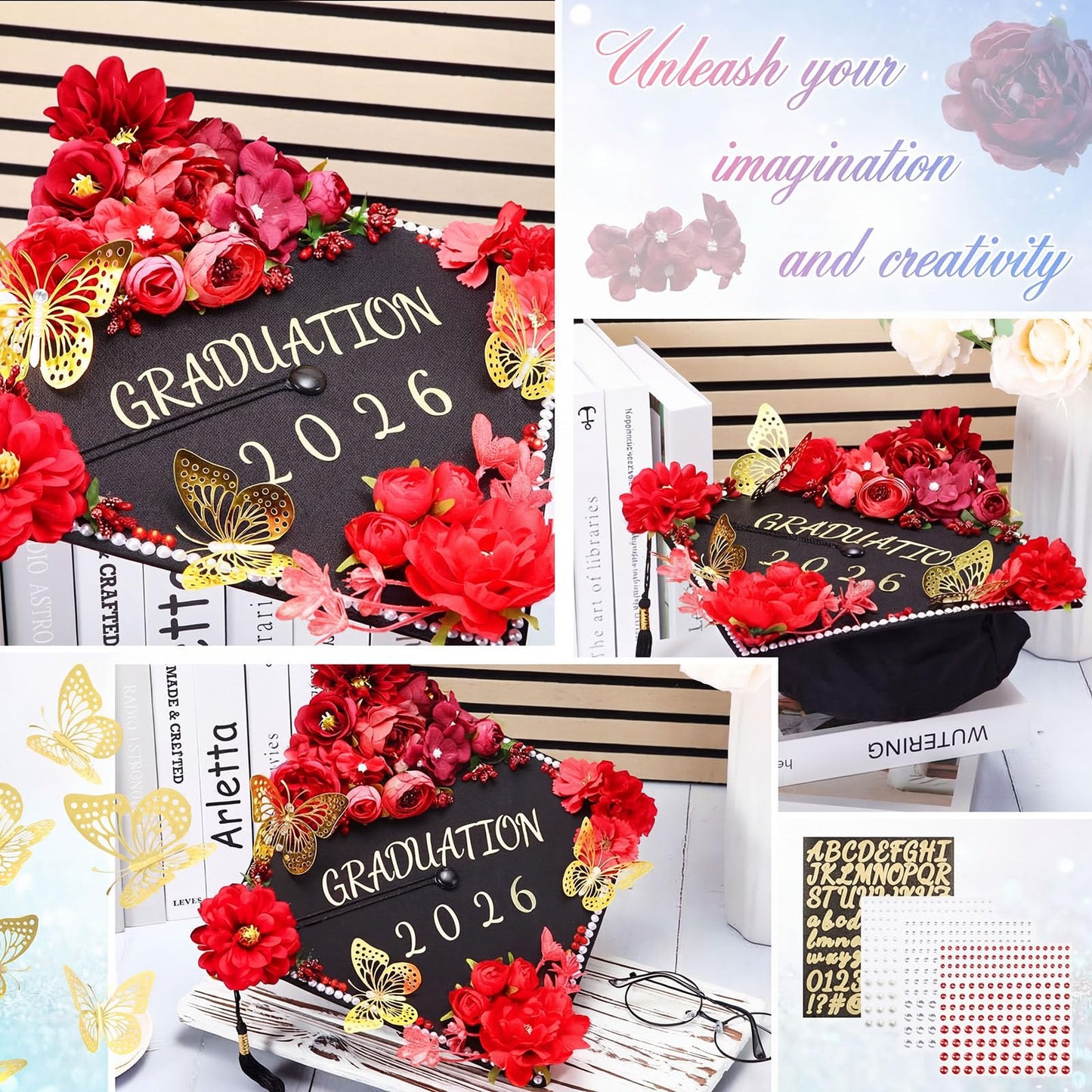 Hoteam DIY Graduation Cap Decorations Kit Included Faux Flowers 3D Butterfly Self Adhesive Rhinestones Glitter Alphabet Letter Stickers for 2026 Grad Cap Topper Party Gifts Decor(Red)