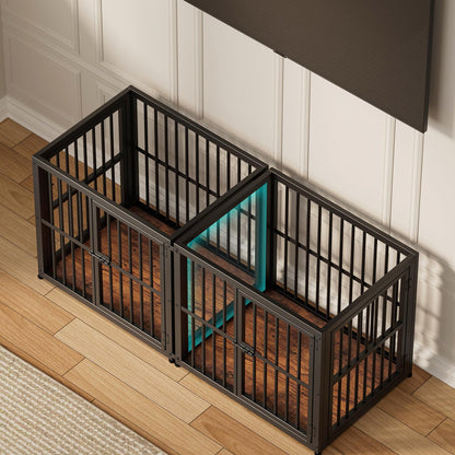 Lyromix 54'' Dog Crate Furniture with Double Rooms,Wooden Crate End Table Heavy Duty Indoor Puppy Cage for 2 Small Dogs, Multiple Units Can be Combined, Rustic Brown