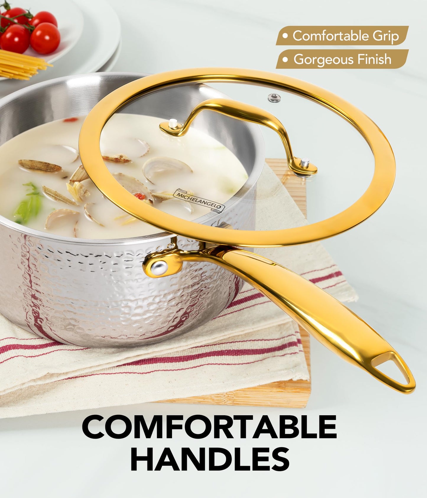 Michelangelo Triply Stainless Steel Pots and Pans Set, 10-Piece Hammered Stainless Steel Cookware Set with Golden Handle, Premium Induction Kitchen Cookware, Oven Safe