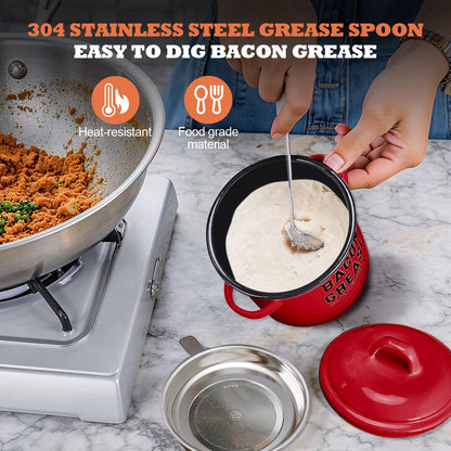 ONEARF Bacon Grease Container with Strainer - Large 46OZ Red Kitchen Oil Storage Can, Food Saver Bin with Lid | Farmhouse Cooking Pot Keeper Collector, Dishwasher Safe - Red
