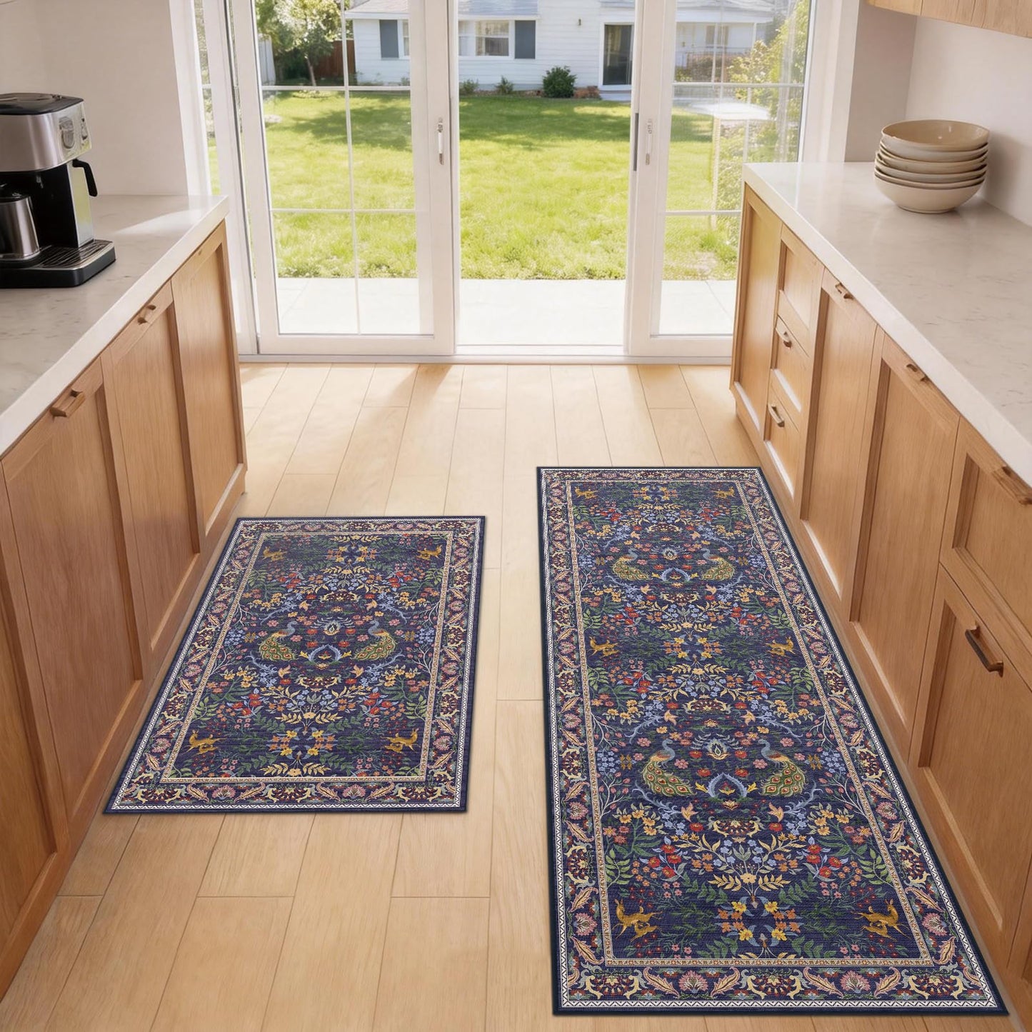 SAIKOOWA Kitchen Mats for Floor,Kitchen Rugs Mat Non Slip Washable Set of 2 PCS, Absorbent Runner Rugs for Kitchen, Front of Sink, 17.3"x 47"+17.3"x 30" Flowers Birds