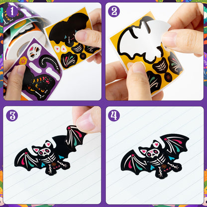 Haooryx Sugar Skull Sticker Rolls - 300Pcs Day of The Dead DIY Stickers