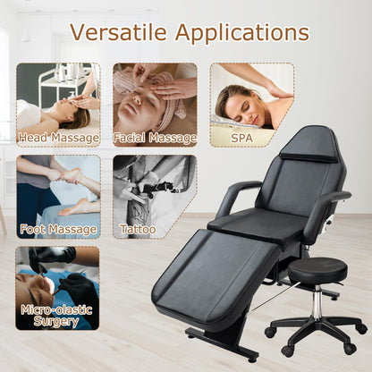 Massage Salon Tattoo Chair with Two Trays Esthetician Bed with Hydraulic Stool,Multi Purpose 3 Section Facial Bed Table, Adjustable Beauty Barber Spa Beauty Equipment, Black
