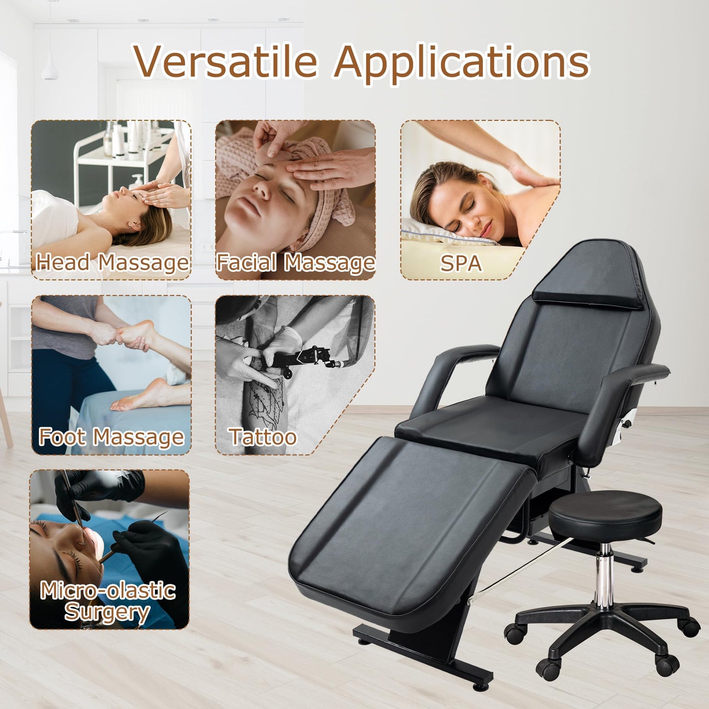 VroomAuto Professional 3-Section Hydraulic Facial Bed & Massage Chair with Stool, Adjustable Esthetician Table for Spa, Tattoo, Beauty Salon, Black
