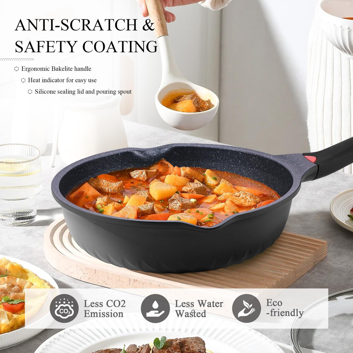 Vinchef New Handle Update 11In/5Qt Aluminum Nonstick Deep Frying Pan with Lid and Heat Indicator, Anti Scratch and Anti Stain Deep Saute Pan, Induction Compatible