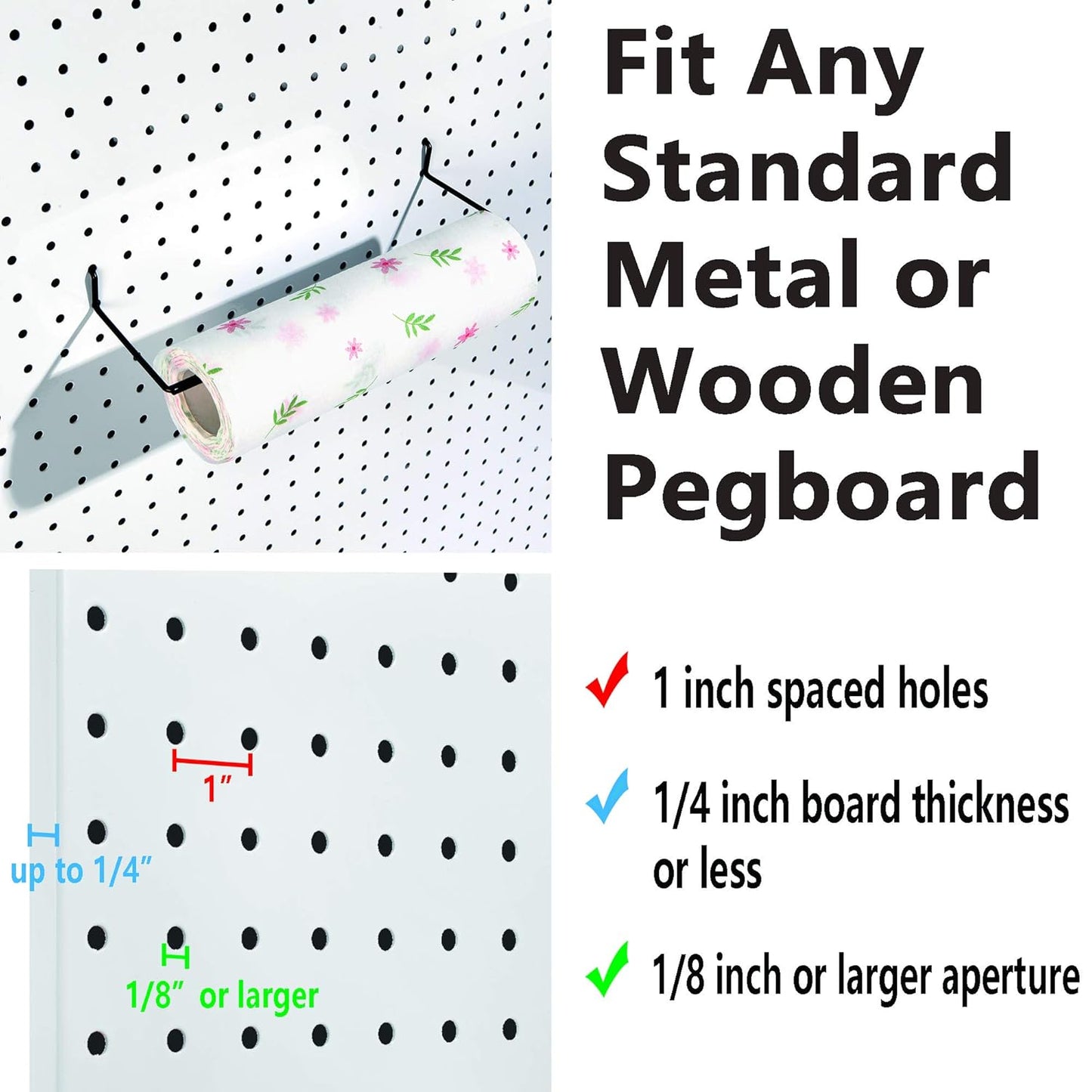 Paper Towel Holder for Pegboard, Extendable, Fits Any Standard Pegboard, 4 Packs, Black