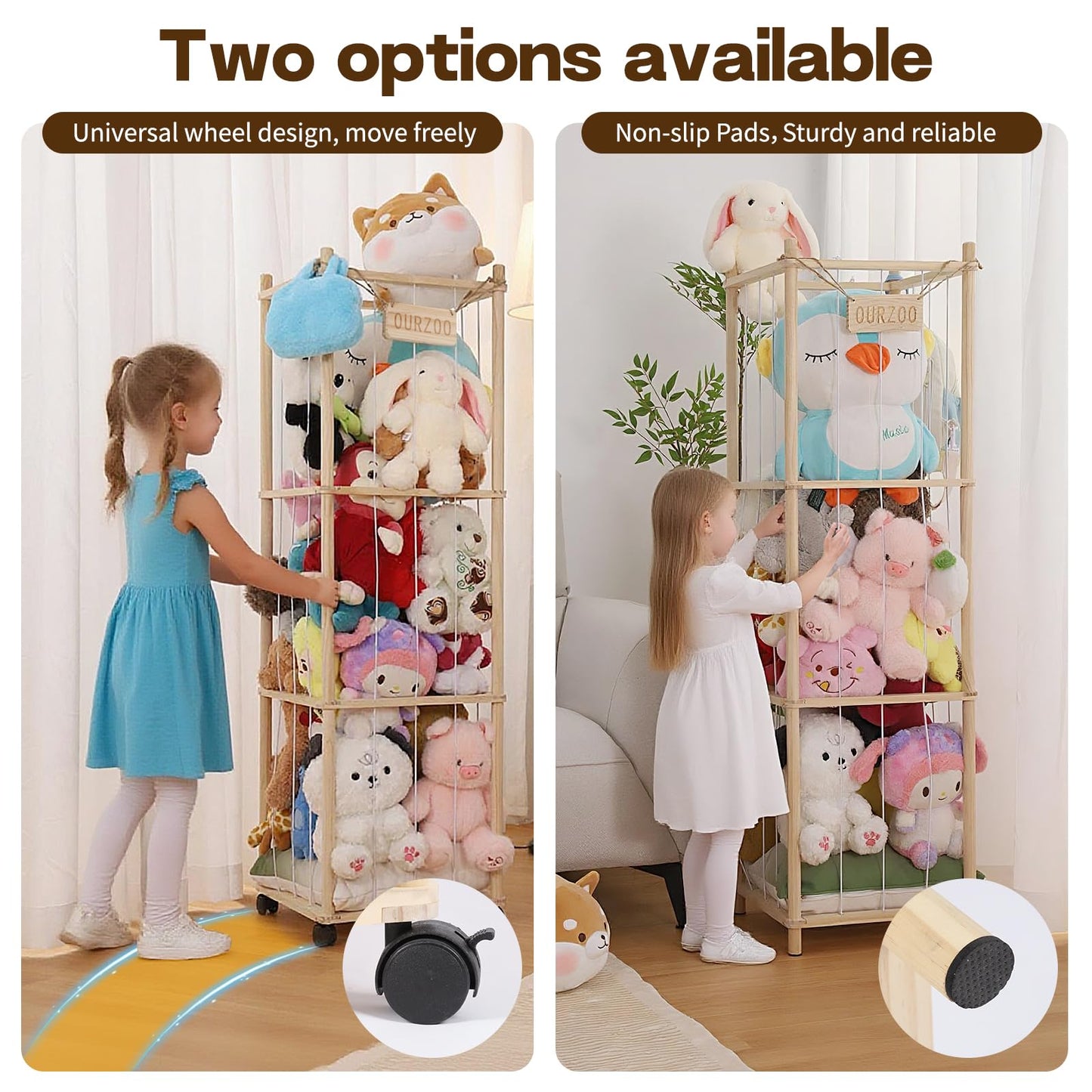 Caleb Stuffed Animal Storage & Organization with Wheels, 54 inch Wooden Stuffed Animal Holder, Cute Zoo Plush Toy Storage Organizer for Toddler Rooms, Playrooms & Bedrooms
