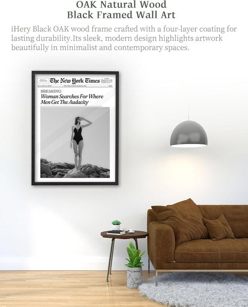 iHery Premium Natural Black Oak Wood Framed Wall Art - Retro Woman Canvas Decor 12x16in | Perfect for Dorms & Living Rooms