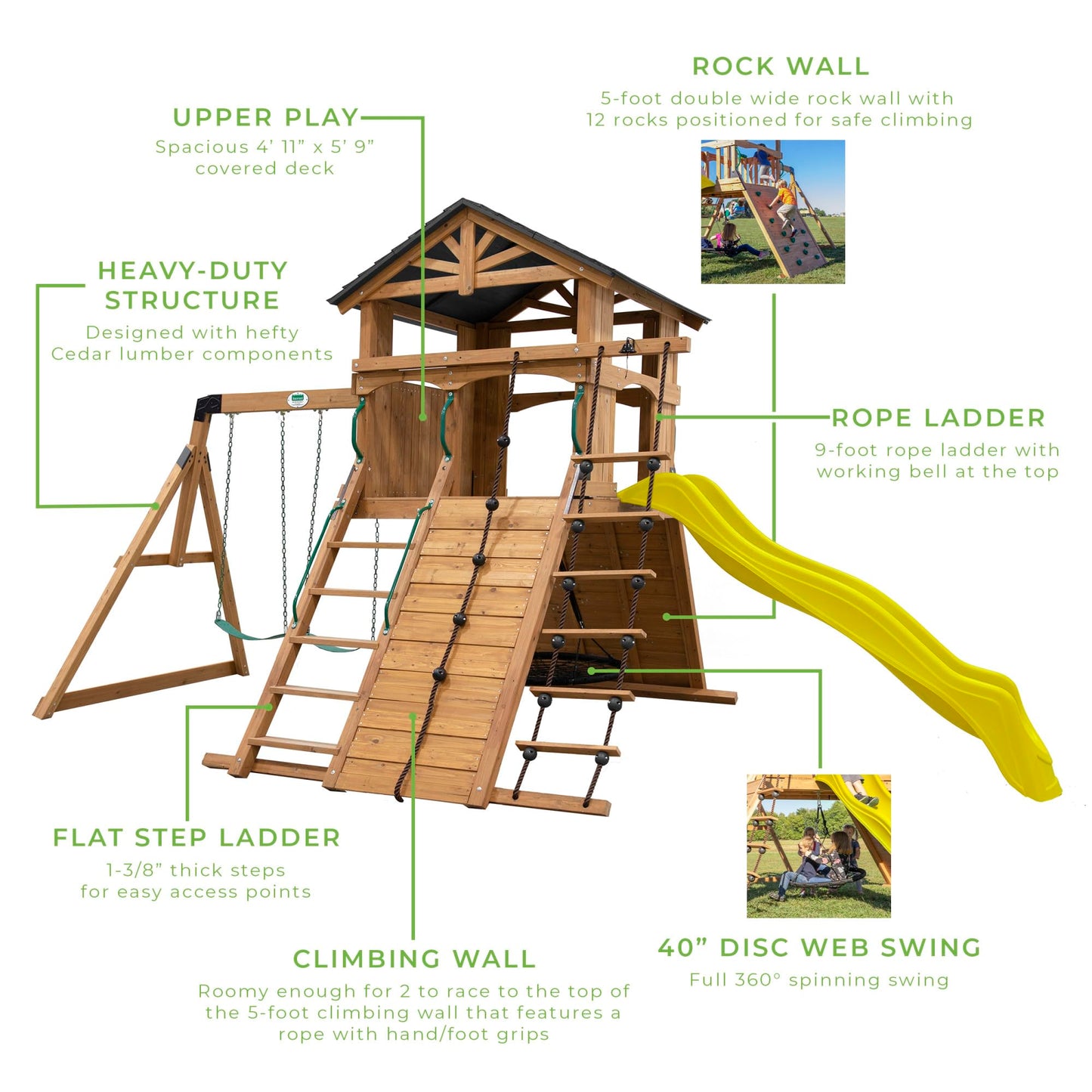 Backyard Discovery Endeavor Cedar Wood Swing Set with Wave Slide, Play Deck, Double Rock Wall, Rope Ladder, Climbing Wall, Belt Swings, 40-Inch Web Swing, Step Ladder, Toy Telescope, Outdoor Playset