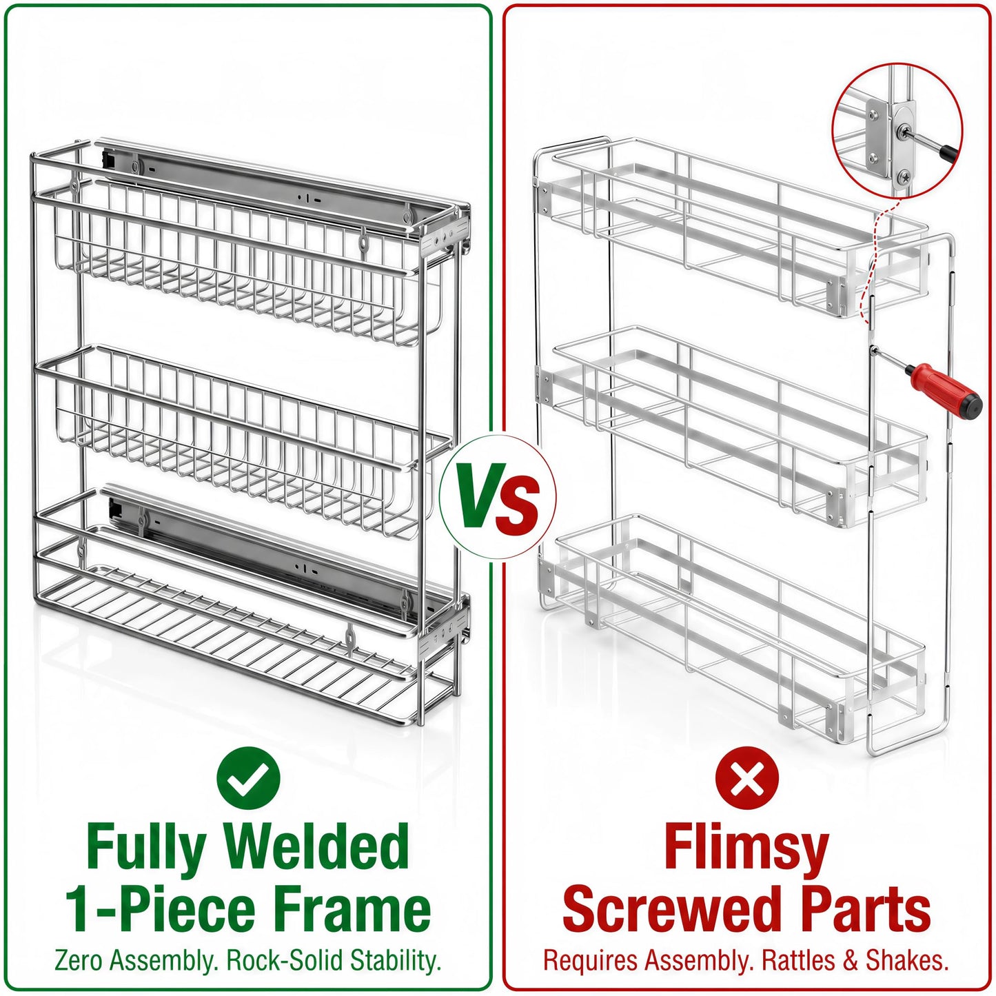 JOWBOOW Narrow Pull Out Cabinet Organizer, 4" Skinny Side Mount Spice Rack for Frameless Cabinets, Heavy Duty 3-Tier Zero Wobble Slide Out Shelf