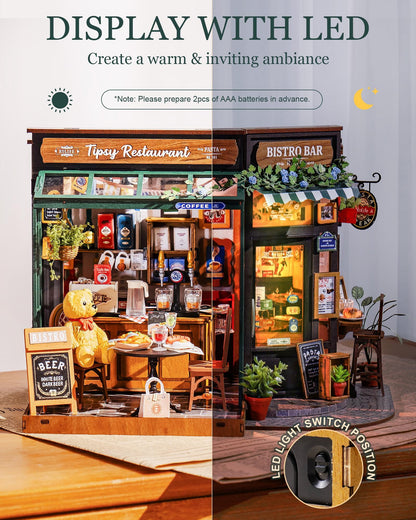 Rolife DIY Miniature House Kit 1:18 Coffe&Bar Dollhouse Diorama Model, Build Mini House Building Kit with LED Light Hobby Crafts for Adults Gift for Him Her (Tipsy Restaurant)
