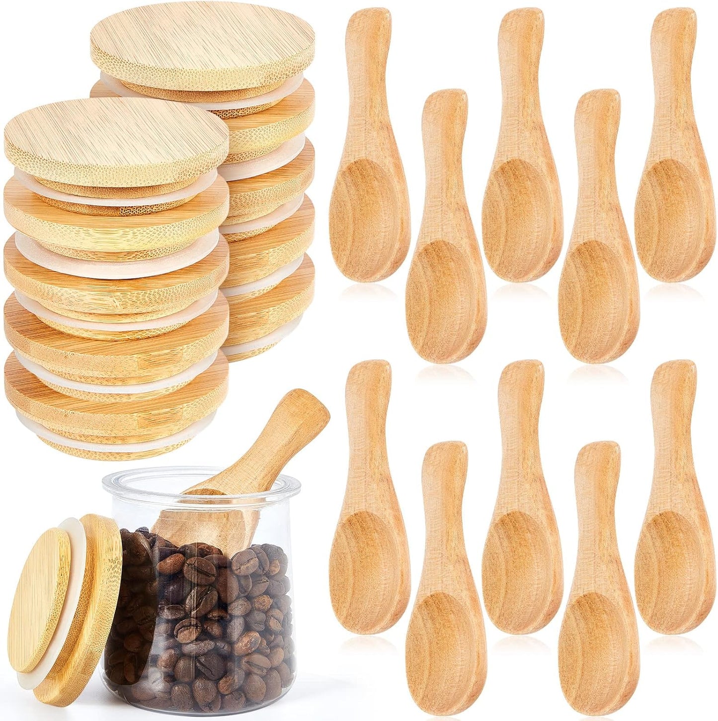 20 Tessco for you Pcs Yogurt Jar Lids with Small Spoons Bamboo Jar Lids with Silicone Sealing Rings Wooden Spoons