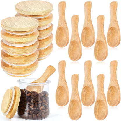 20 Tessco for you Pcs Yogurt Jar Lids with Small Spoons Bamboo Jar Lids with Silicone Sealing Rings Wooden Spoons