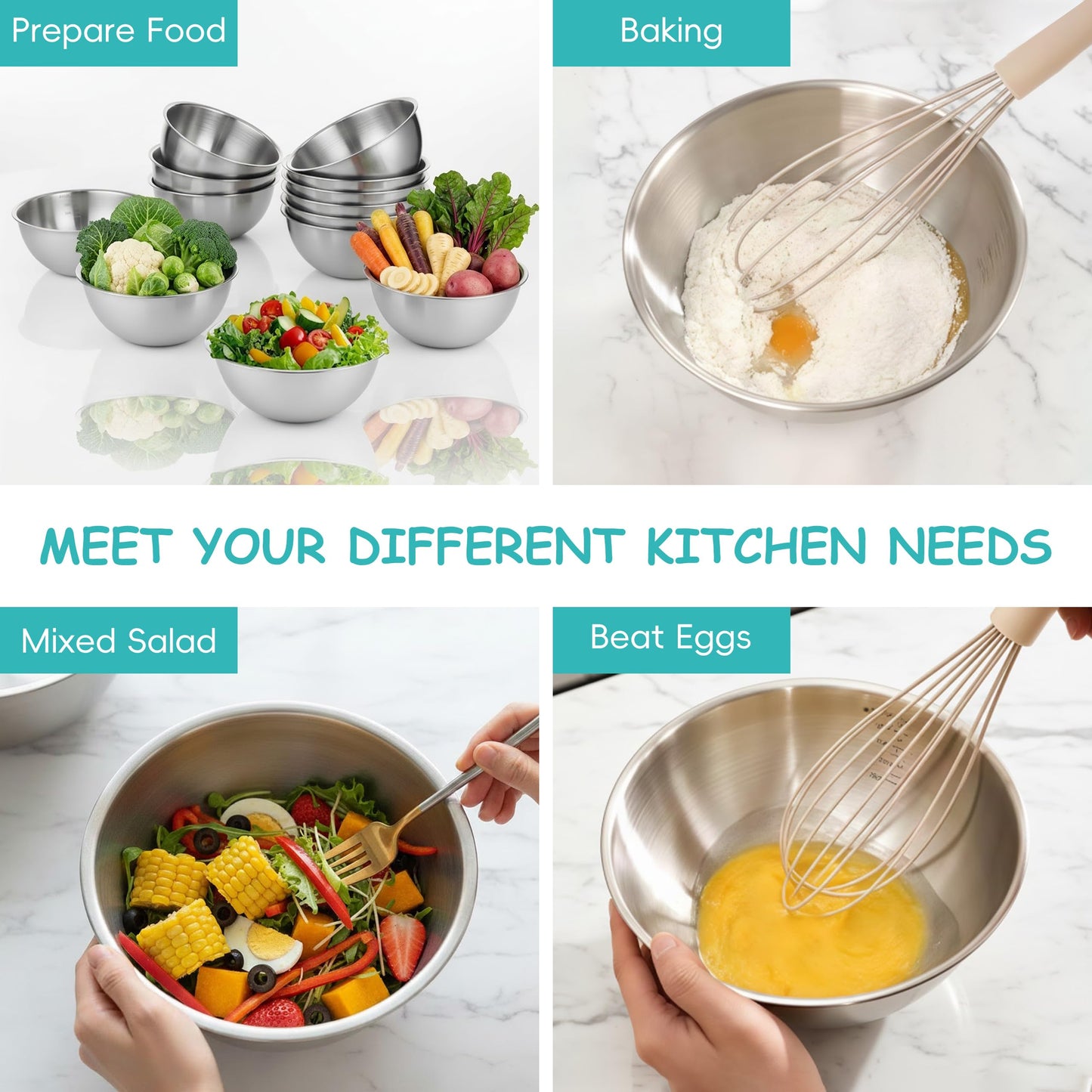 12 Pcs 304 Stainless Steel Mixing Bowls with Graduations, Metal Serving Salad Bowls, Reusable Baking Food Storage Containers for Baking, Cooking, Making Salads, Soups, Ice Cream, Noodles, cereal
