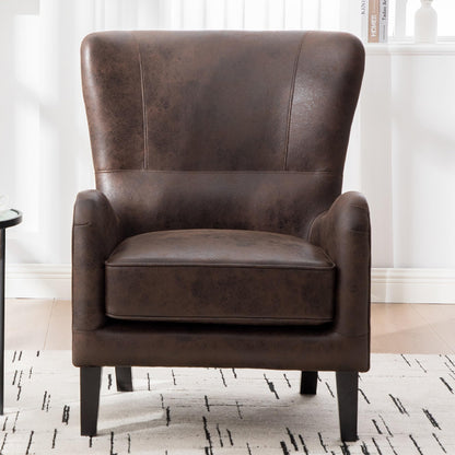 KEIKI PU High Back Accent Chair Oversized, Retro Wingback Reading Armchair with Solid Wood Legs, Mid-Century Comfy Arm Chair Lounge, Upholstered Single Sofa for Living Room, Easy Assembly, Brown