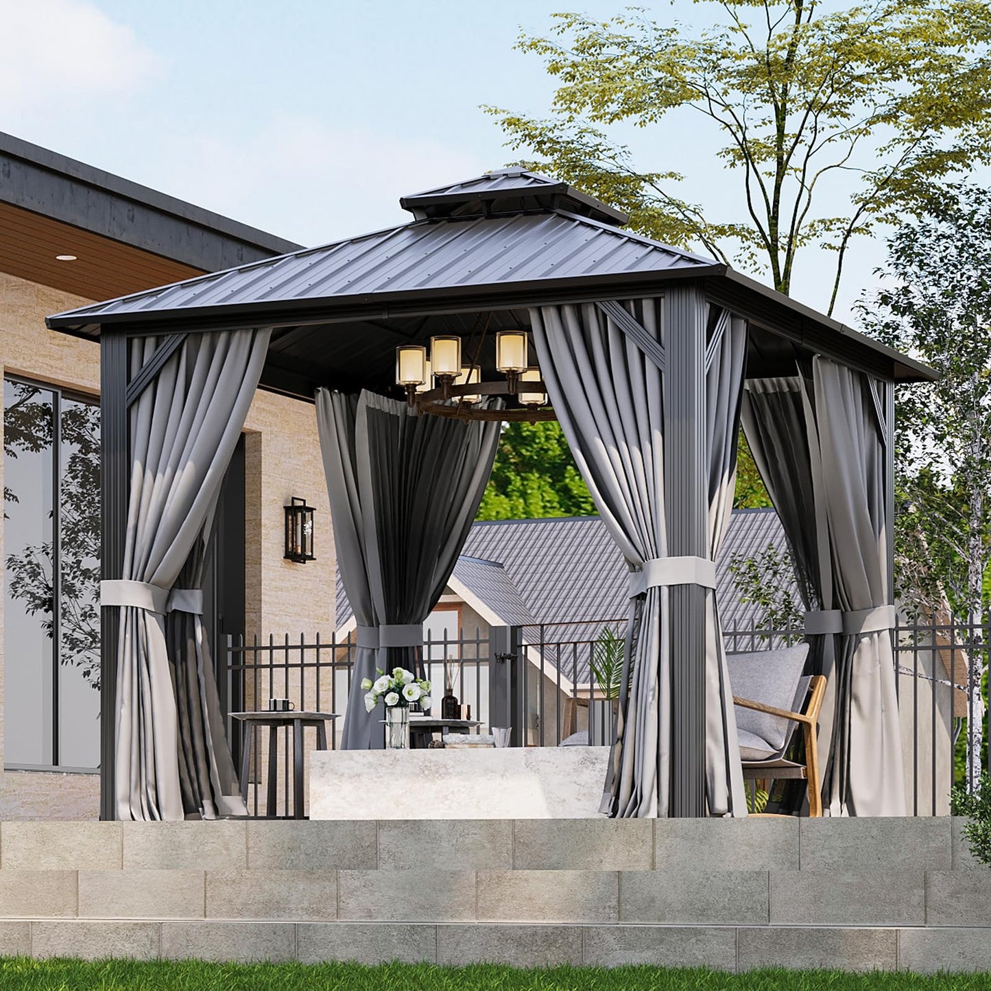 Breezestival 10x10FT Hardtop Gazebo, Metal Frame with Double Galvanized Steel Roof, Permanent Outdoor Pergola with Curtains and Netting Included for Backyard, Patio, Lawn and Garden, Gray