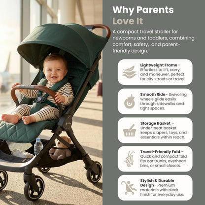 Silver Cross Clic Compact Travel Stroller – (Conifer) – Lightweight Baby Stroller for Airplane Travel – One-Hand Fold, Lie-Flat Infant & Toddler Seat – Birth to 55 lb