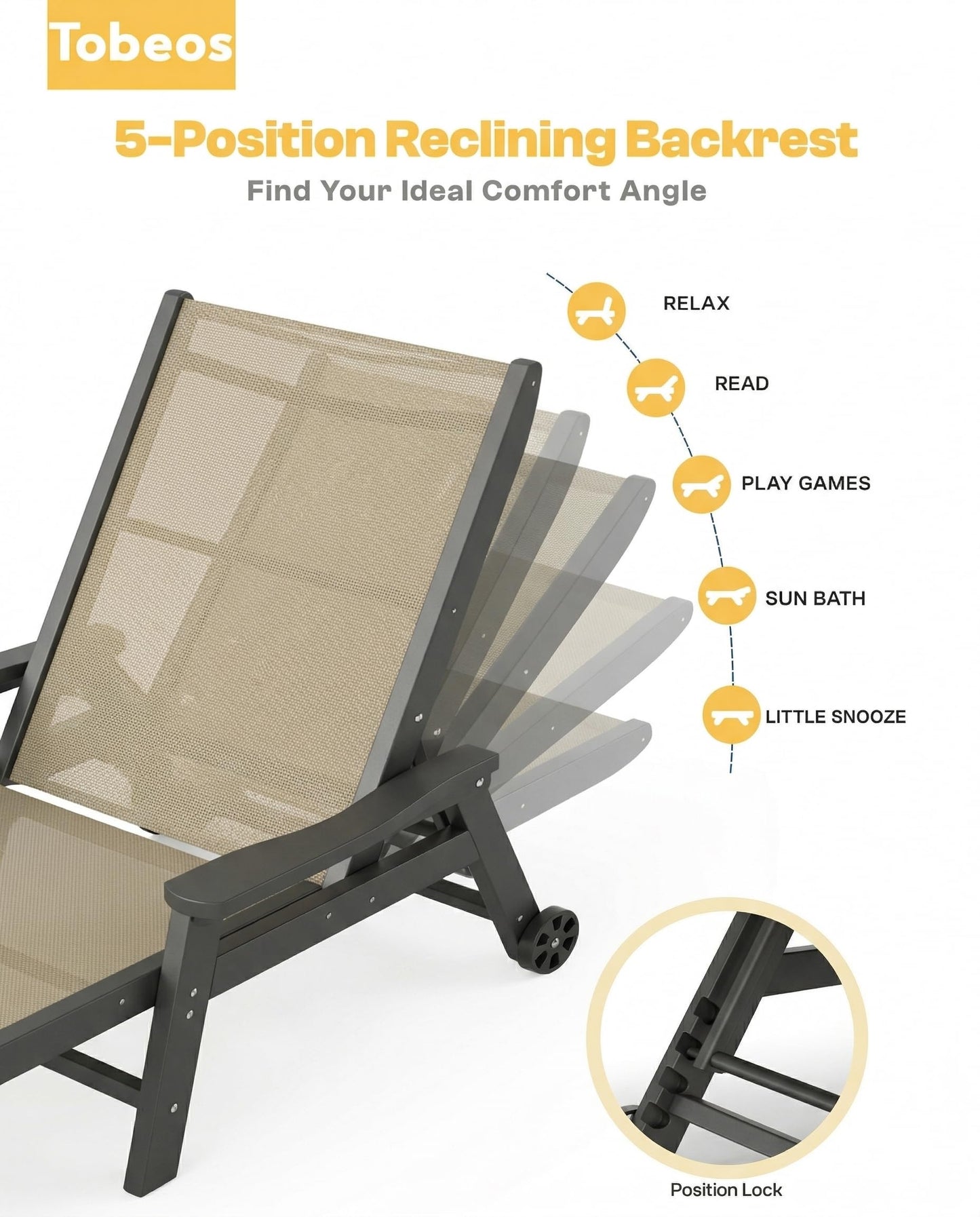Tobeos Patio Chaise Lounge Chairs with Wheels & Cup Holder, All-Weather HDPE & Textilene Outdoor Pool Lounge Chairs, Grey Frame, Khaki Textilene, Set of 2