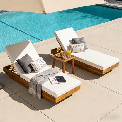 2 PCS Outdoor Lounge Chaise with Cushions, Teak Finish Acacia Wood Lounge Chair Lounge with Cream Cushion for Outdoor Furniture Pool Lawn Deck(Shipped in 2 Boxes)