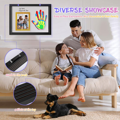 Family Handprint Keepsake Frame Kit with Photo Display – DIY 3D Floating Layered Design for Mom, Dad and Baby – Safe Non-Toxic Paint Set for Footprints – Perfect Baby Shower Gifts, New Parents Couples Keepsake, Home Decor 13.1x9.6 Inch (Black)