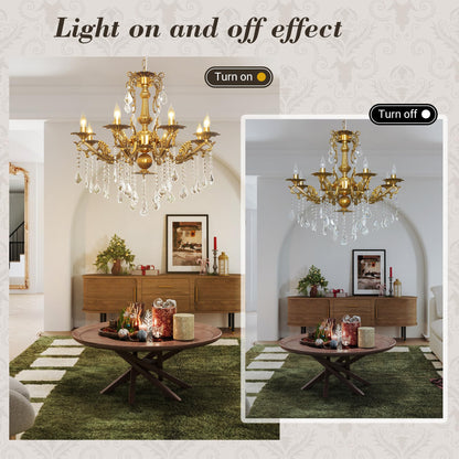 Luxury Copper Crystal Chandelier, 30" Vintage K9 Crystal Pendant Light with 8 Lights, Antique Brass Finish Ceiling Light Fixture with Scrolled Arms for Dining Room Living Room Foyer Villa Hotel