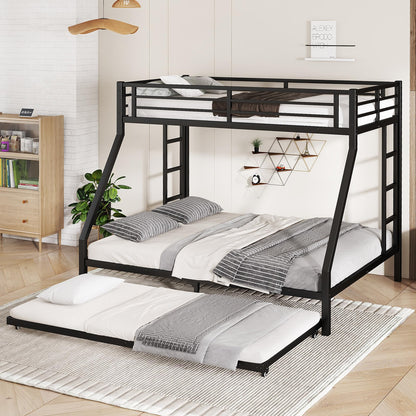FammyLoft Twin XL Over Queen Bunk Bed with Twin Size Trundle, Heavy Duty Bunk Beds for Adults, Metal Bunk Bed Frame with Safety Guardrails & 2 Side Ladder, Space Saving Frame, Black