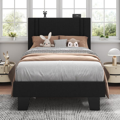 Feonase Twin Platform Bed Frame, Fabric Upholstered Twin Bed Frame, Solid Wood Slats & Heavy Duty Feet Support, No Box Spring Needed, Noise-Free, Easy Assembly, Black