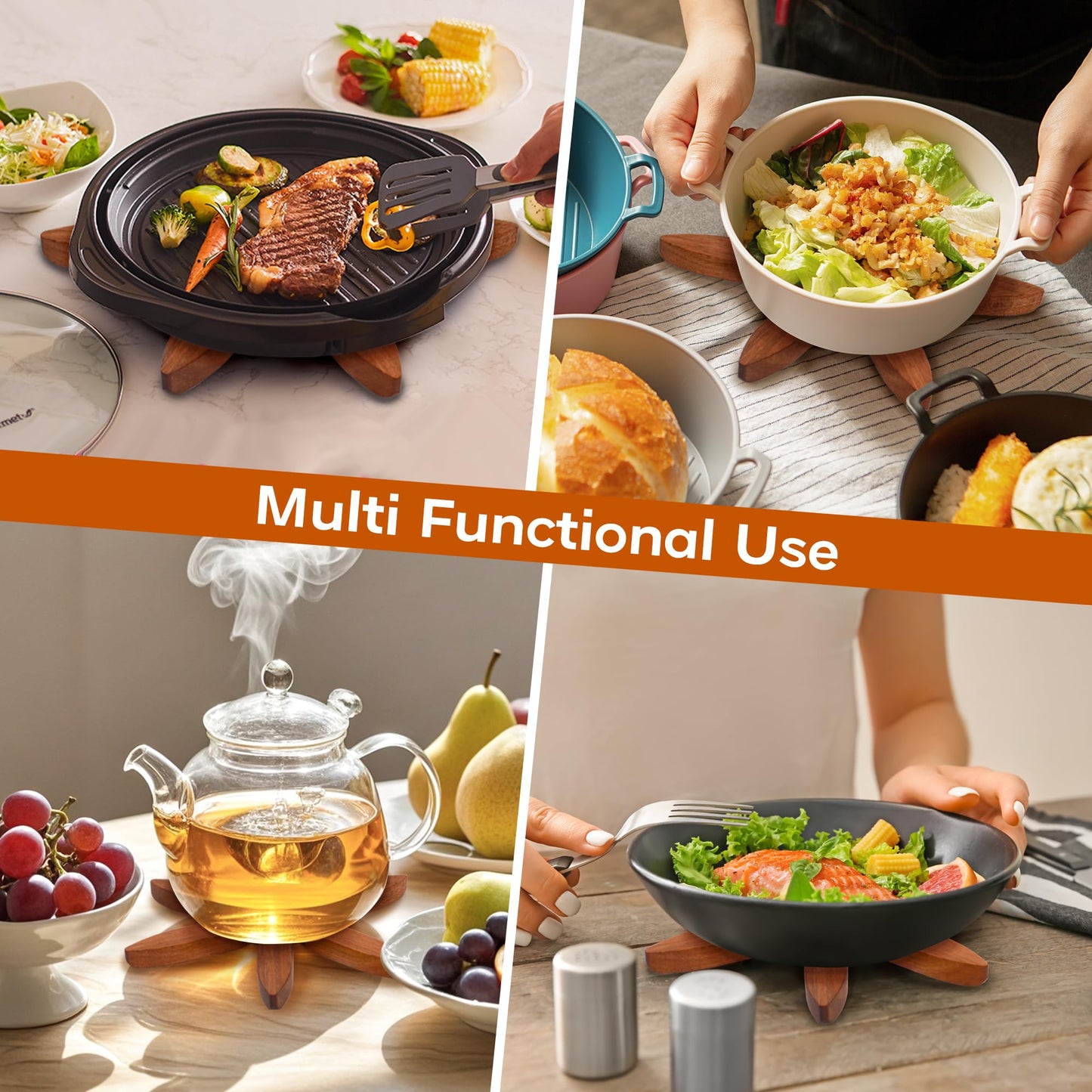 Wooden Trivets for Hot Dishes, Wooden Tree Trivet Set of 5 for Easy Storage - Suited for Hots, Pans, Bowl, Teapot, Hot Holders - Multifunctional Ornaments (Dark - 5 PCs)